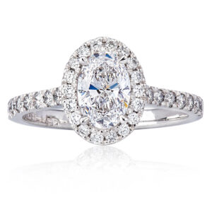 1ct oval diamond halo engagement ring with no bowtie and larger spread than a round diamond