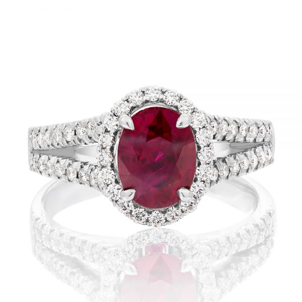 Oval Ruby with Diamond Halo on a Diamond Set Split Band