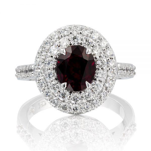 Oval Ruby Ring with Cluster and a Double Row of Diamonds