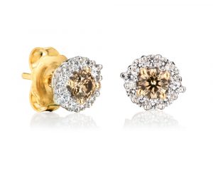 18k White Yellow and Rose Gold Champagne Diamond Earrings with Diamond Halo