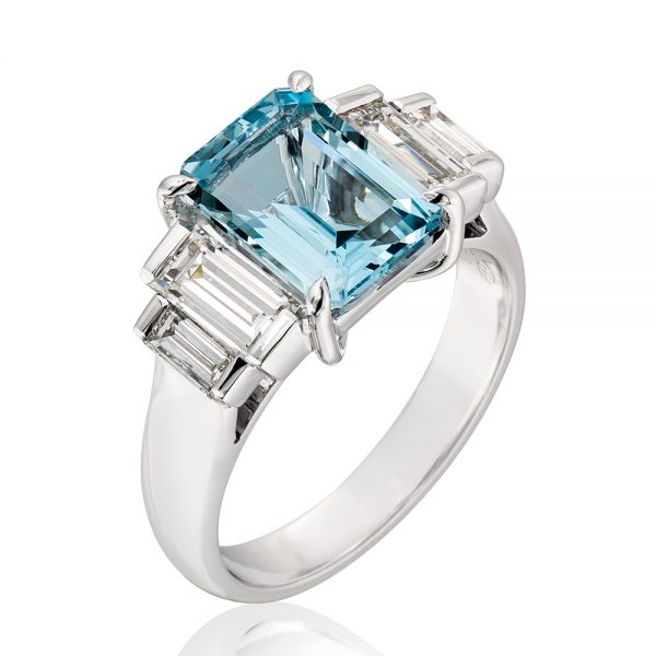 3ct fine rich blue Aquamarine ring with 4 baguettes - Holloway Diamonds