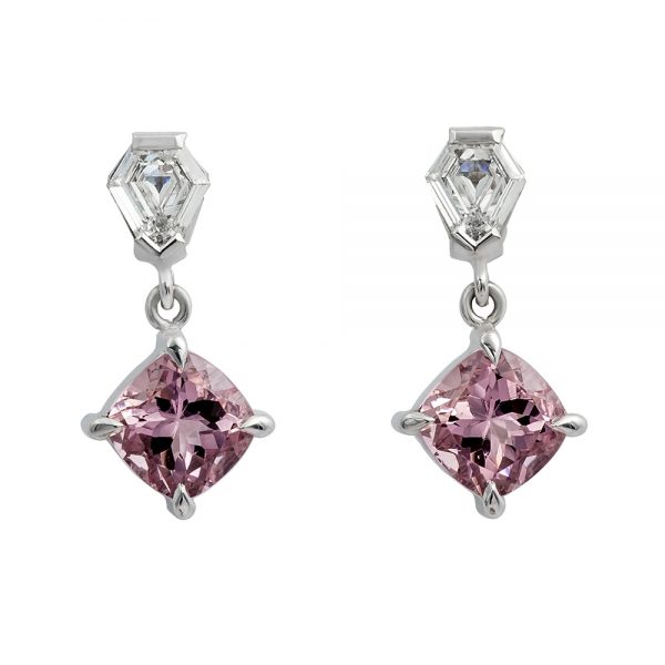 Pink Morganite Square Cushion and Diamond Earrings