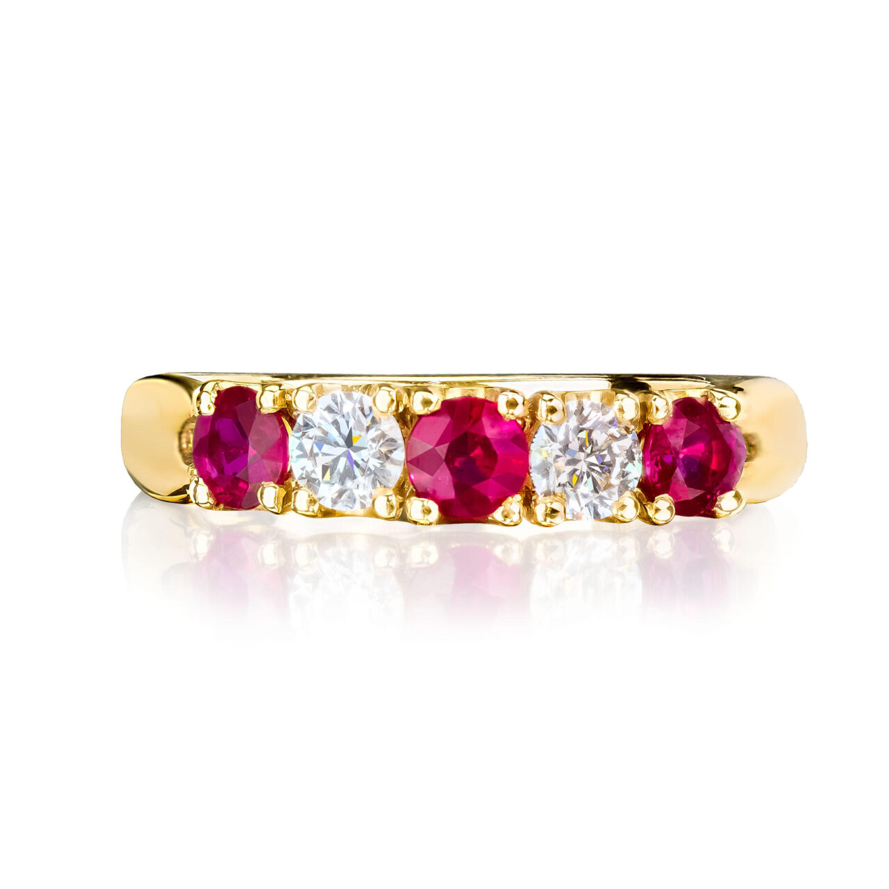 Ruby and Diamond alternating 5 stone yellow gold ring