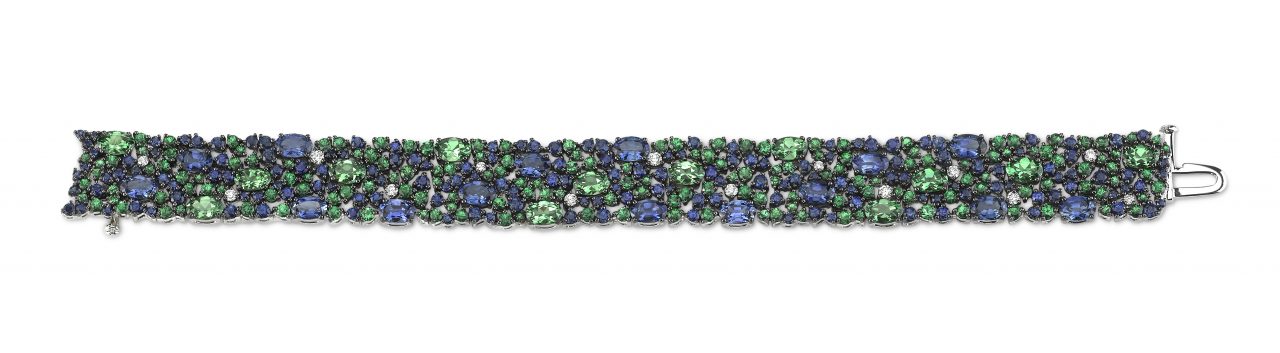 Robert Procop blue sapphire and green tsavorite narrow American Glamour Bracelet