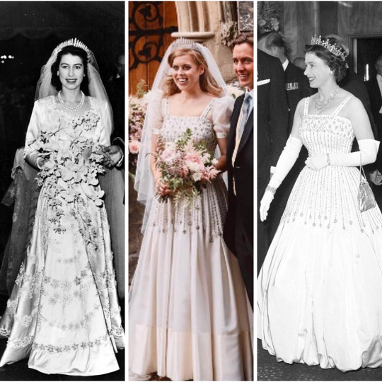 (Left to Right) Princess Beatrice wore the Queen’s wedding tiara (1947) and a dress first worn by the Queen in 1962,at their royal weddings