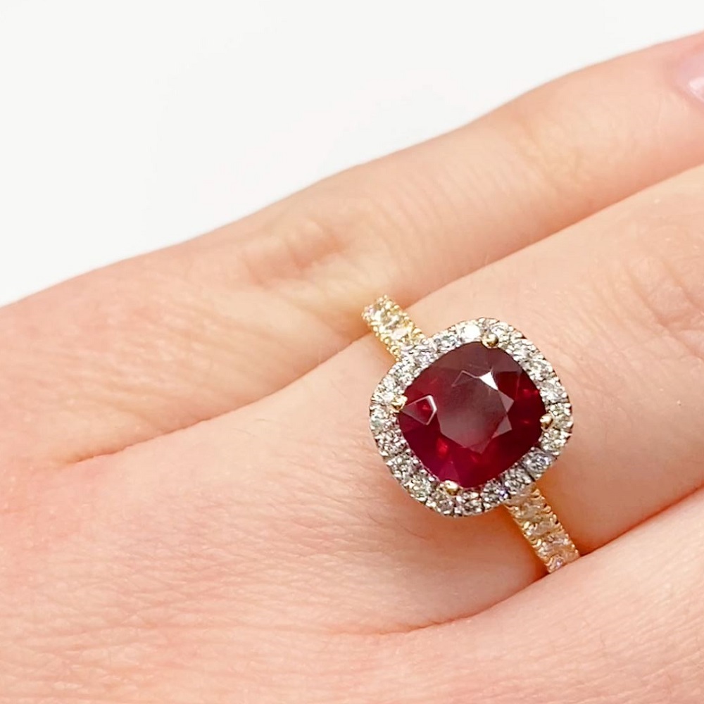 Cushion cut ruby on sale and diamond ring