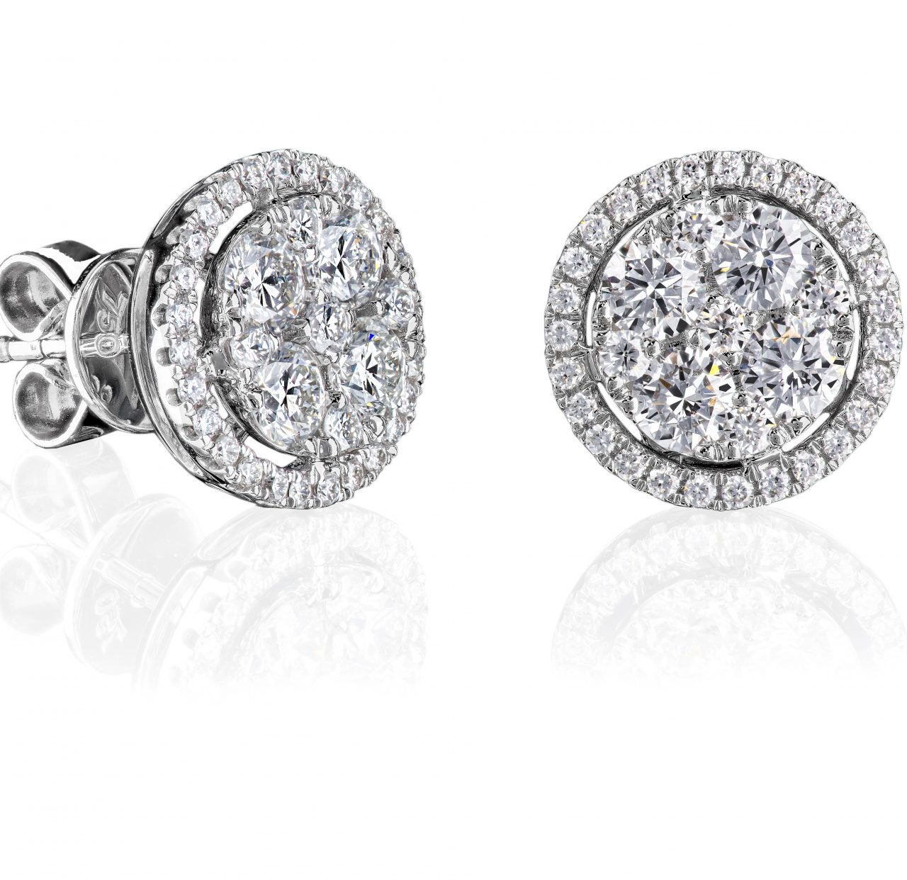 Diamond halo studs in 18 karat white gold