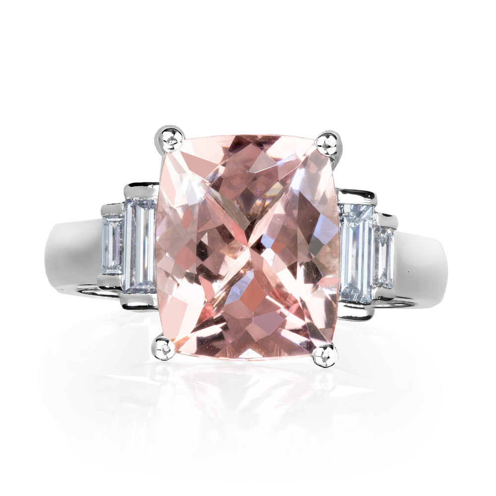 Cushion cut morganite and diamond ring on 18 karat white gold band