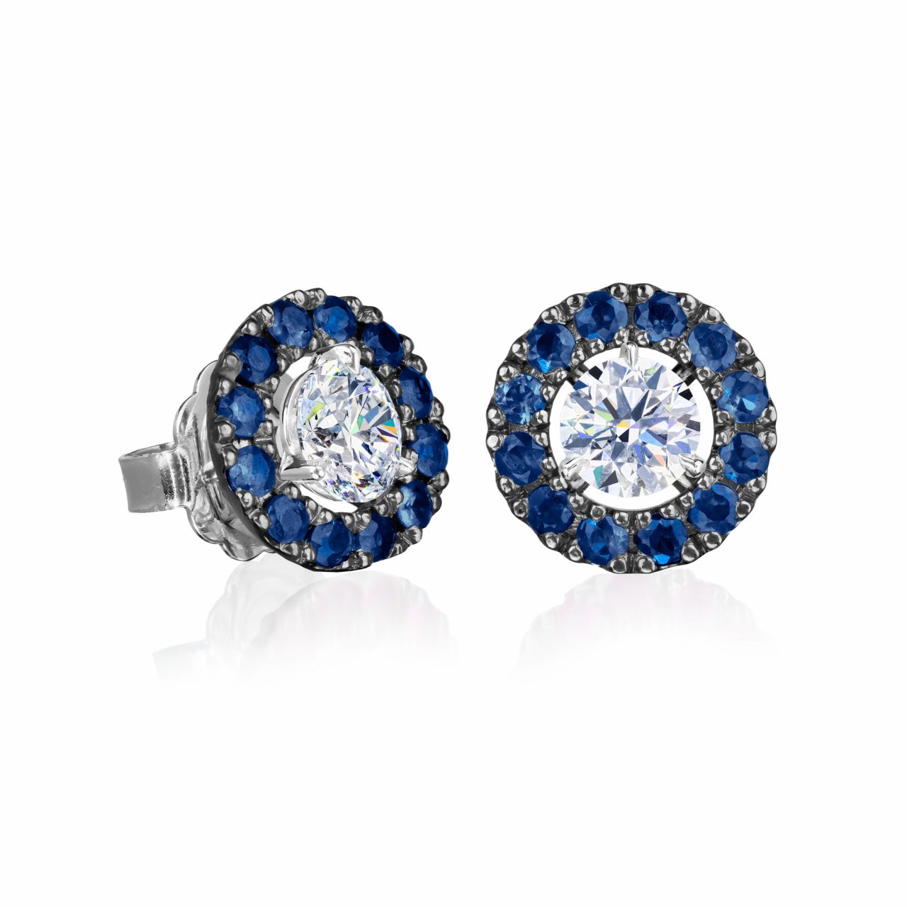 nhancers in platinum with black rhodium plate comprising twenty-four round blue sapphires with studs