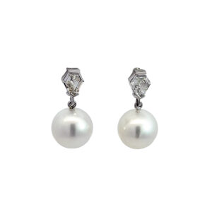 Kite Shaped Diamond and South Sea Pearl Earrings