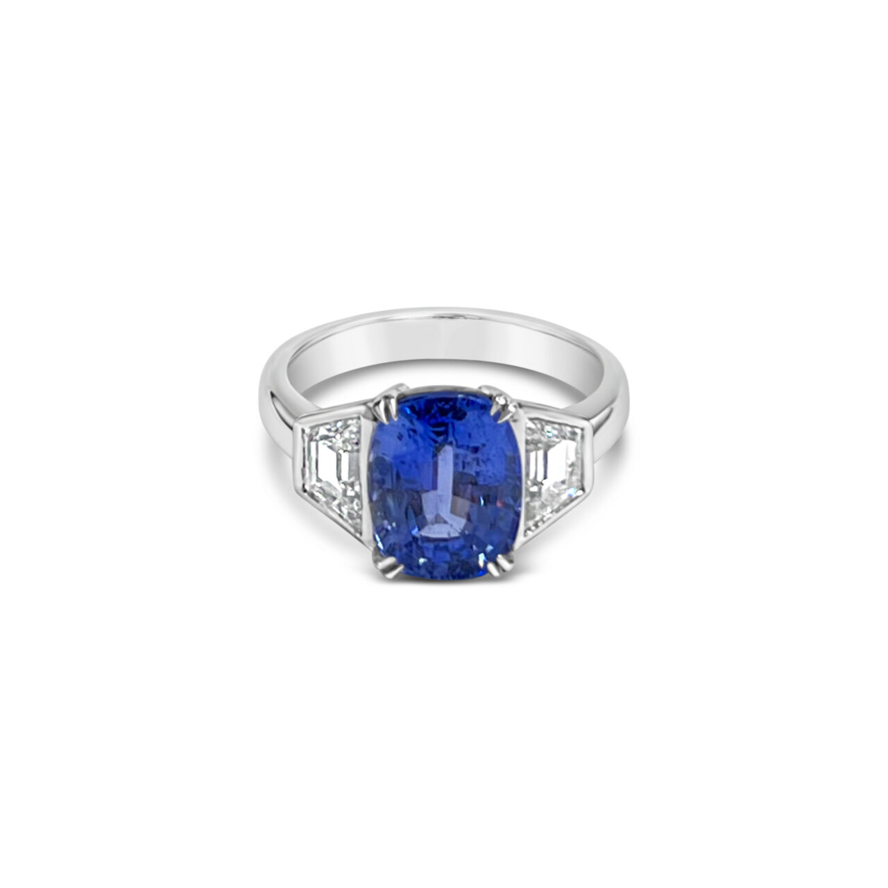 Cushion Cut Sapphire & Trapezoid Diamond Ring