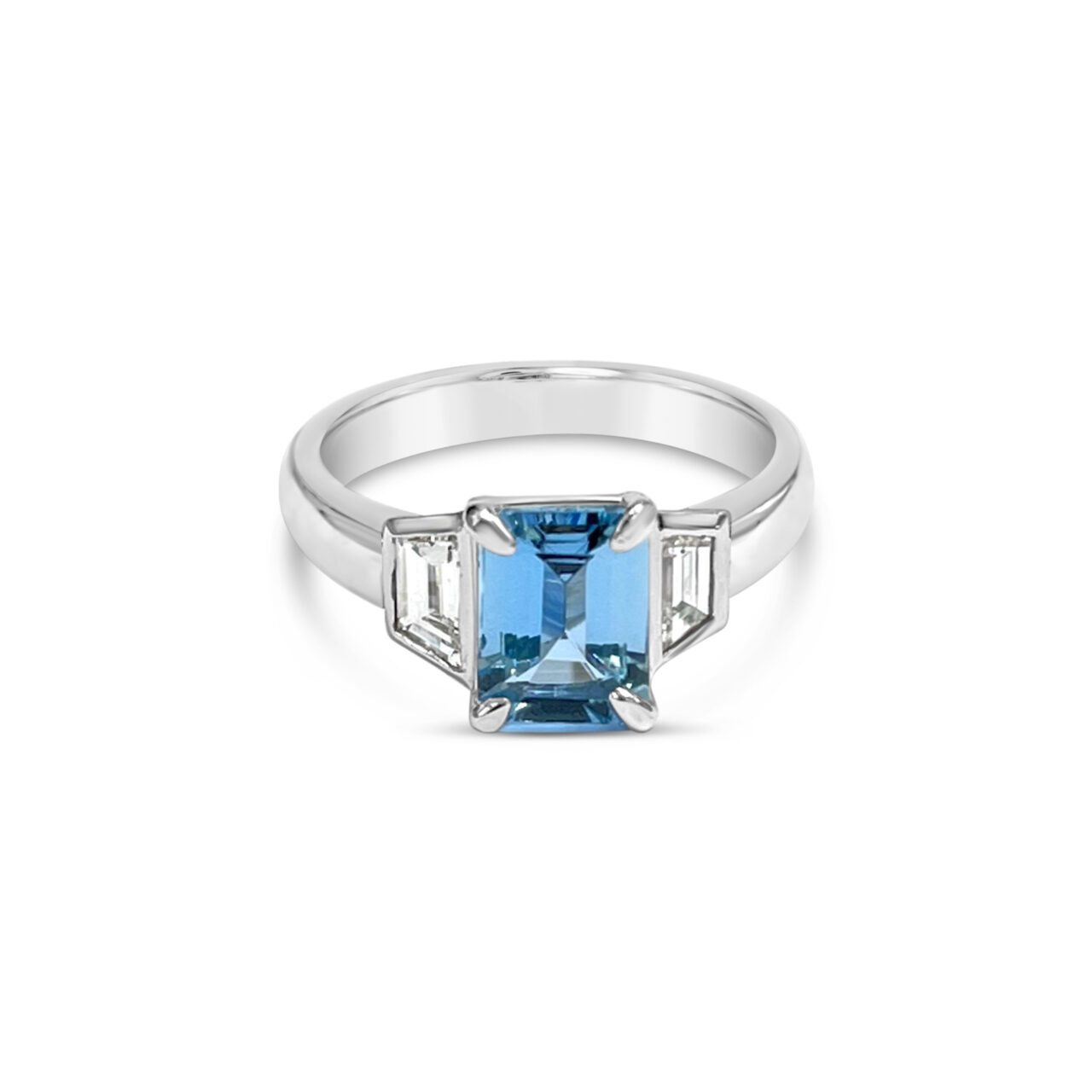 Emerald Cut Aquamarine & Trapezoid Cut Diamond Ring